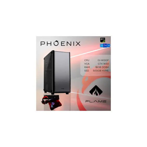 Računalo Phoenix FLAME Y-600 Intel i3 14100F/16GB DDR4/NVME SSD 500GB/500W 80+/GTX 1650/SET Miš/Tipkovnica/Podloga/Slušalice